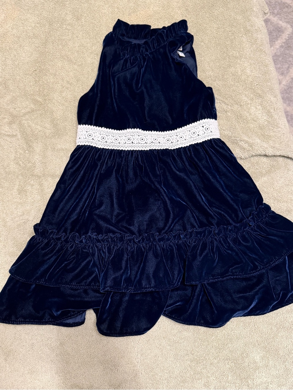 Janie and Jack Navy Velvet Dress with White Lace Waistband